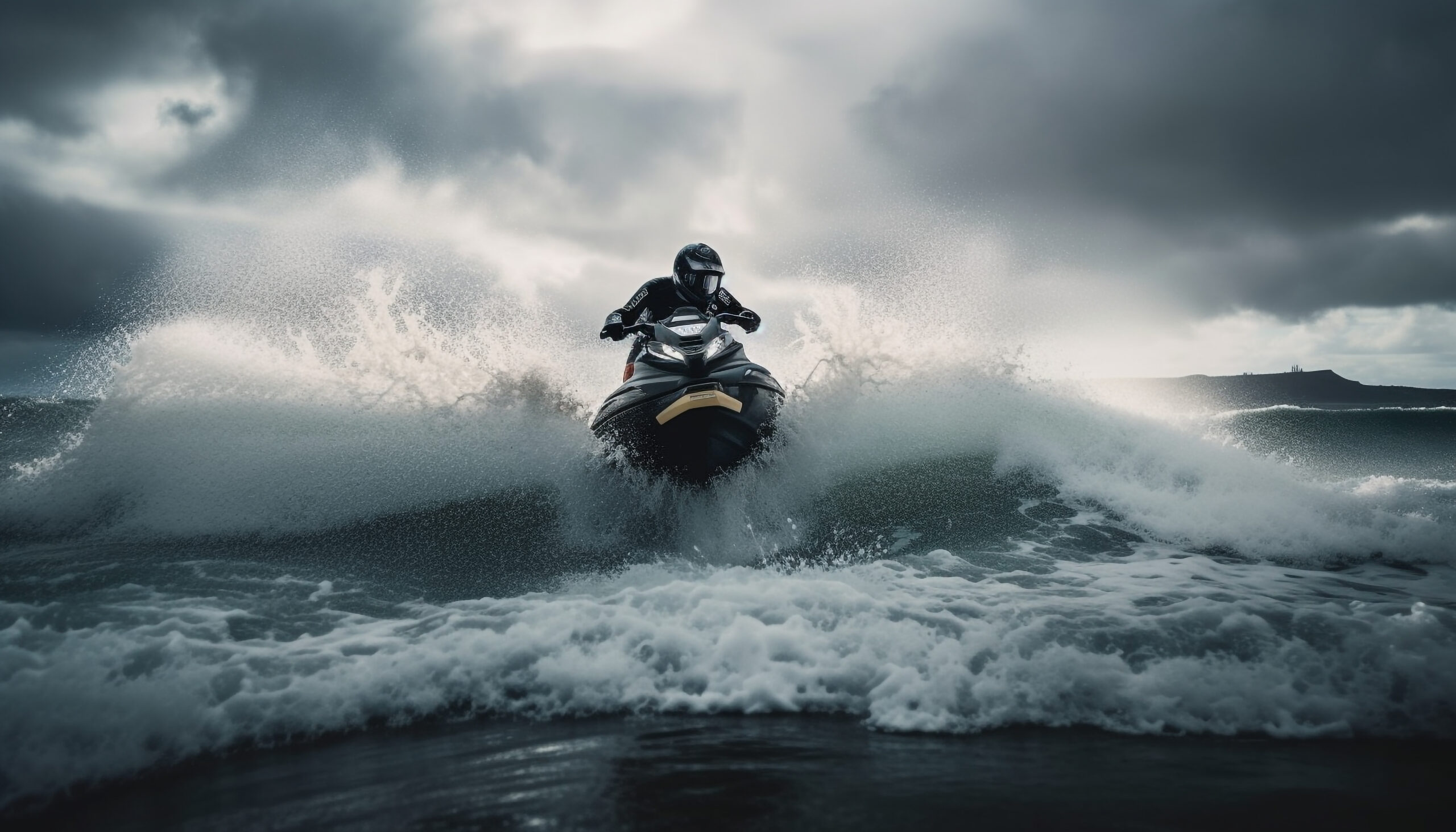 Men riding waves, spraying blue, extreme excitement generated by AI